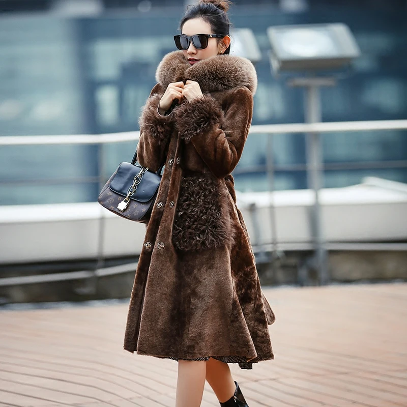 Double Faced Fur Coat Female Fox Fur Collar Natural Sheep Shearling Fur Winter Jacket Women Genuine Leather Jacket MY