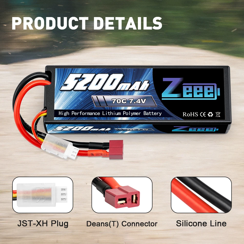 Zeee-Bateria Lipo com Deans Plug, 7.4V, 70C, 5200mAh, 2S, estojo rígido para veículos RC, carro, caminhões, avião, barcos, 1, 8, 1, 10