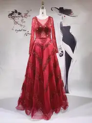 Dubai Red Long Sleeves Crystal Beaded Sequin Evening Dresses A-Line Floor Length Formal Gowns HO1055