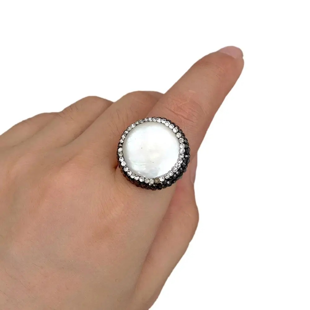 Y·YING Natural Cultured White Coin Pearl Black Crystal Pave Rings Resizable