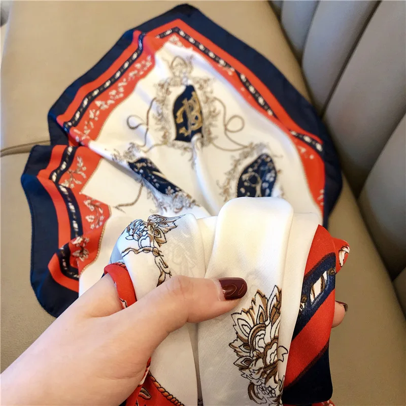 Ladies Luxury Floral Printed Elegant Large Shawl Wrap Hijab Women Echarpe Bandana Neckerchief Square Imitated Silk Scarf 90x90
