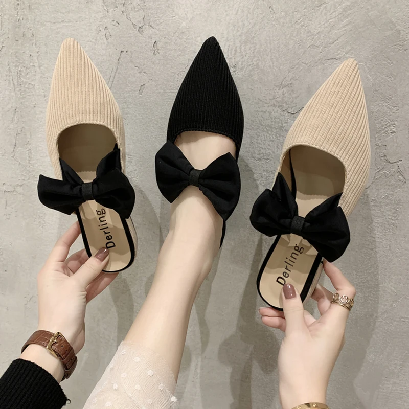 Female Shoes Cover Toe Butterfly-Knot Mules For Women 2023 Slippers Casual Square heel Loafers Slides Med New Luxury Pointed