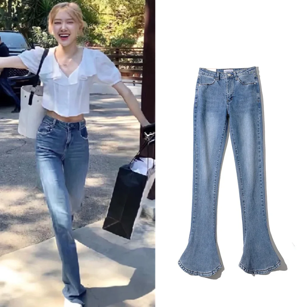 

Kpop IU Seo Yea Ji ROSE Women Slim High Waist Flared Jeans Denim Trousers Lady Streetwear Blue Black Vintage Sexy Oversize Pants