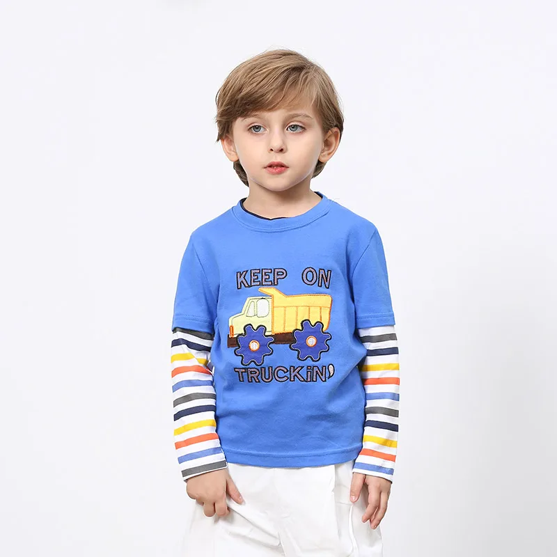 2026 Spring Autumn 2 3 4 5 6 8 10 Years Children Cotton Striped Patchwork Tees Kids Car Bus Truck Long Sleeve T-Shirt Baby Boys