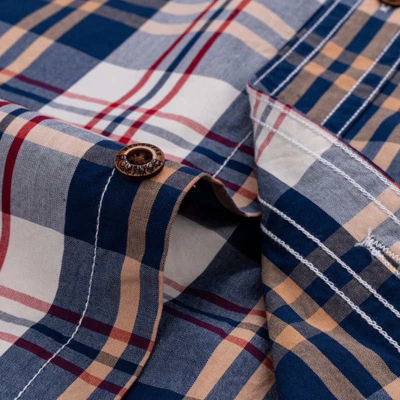 Camisas a cuadros informales con contraste de estilo inglés, camisa a cuadros de ajuste estándar de manga larga de algodón 100% suave con botones y sin bolsillos