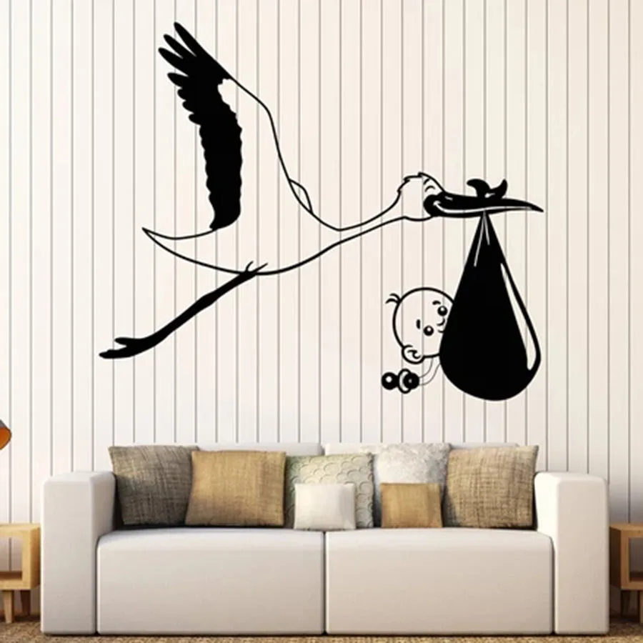 Wall Decal Stork Baby Bird Nursery Children Baby Room Kids Bedroom Home Decor Vinyl Window Stickers Art Mural Removable S1455