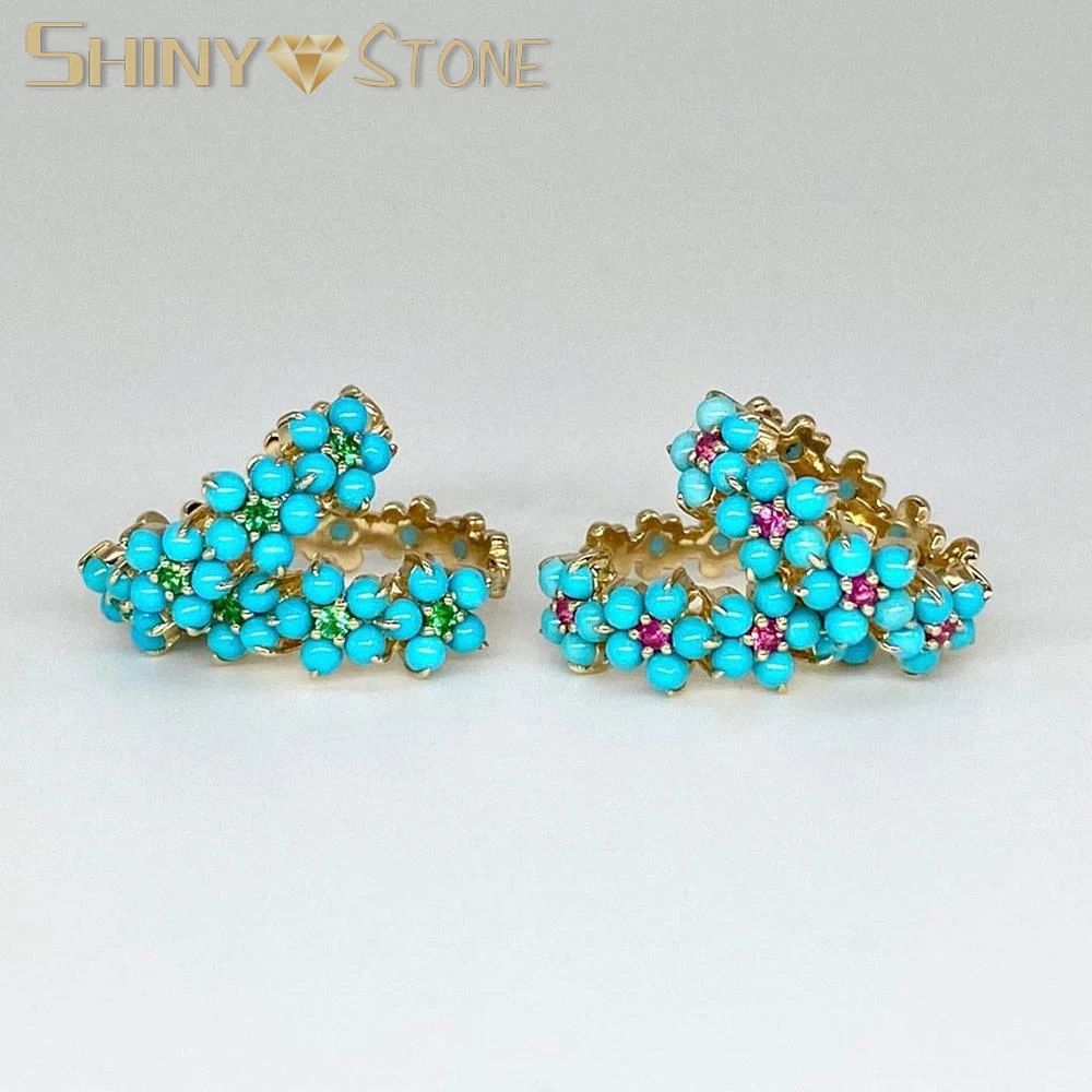 New Blue Turquoises Hoop Flower Design Earring Circle Gem Stone Earrings Studs Gold Color Korean Trendy Coral Boho Jewelry