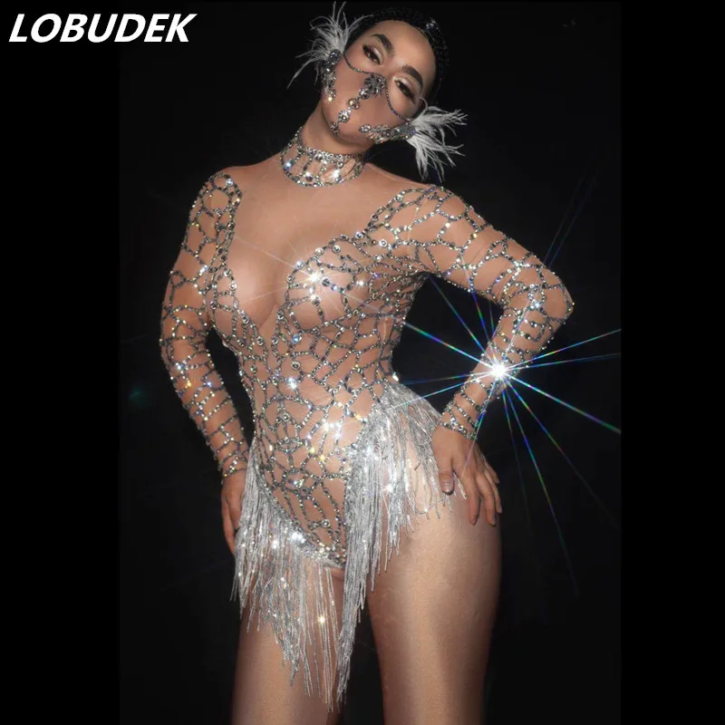 

Silver Rhinestones Tasse Sequins Mesh Bodysuit Stage Performance Crystal Fringe Latin Dance Leotard Sexy Nightclub DJ Stage Wear