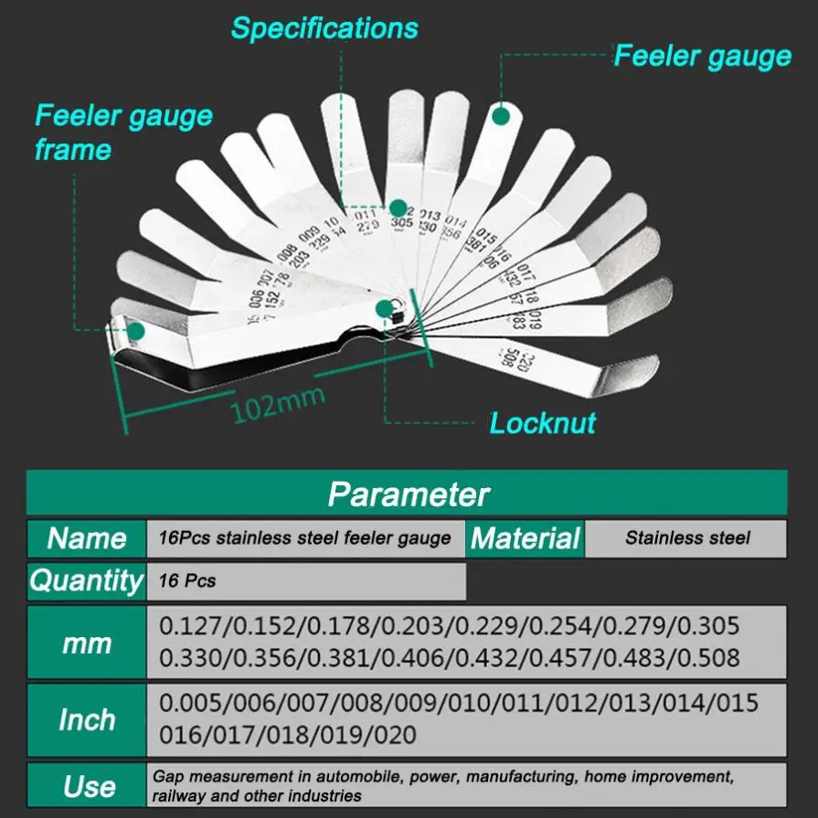 Gap Gauge 0.127-0.508mm stal nierdzewna wysoka precyzja monolityczny zawór wtykowy miernik grubości Metric Filler Feeler Gauge