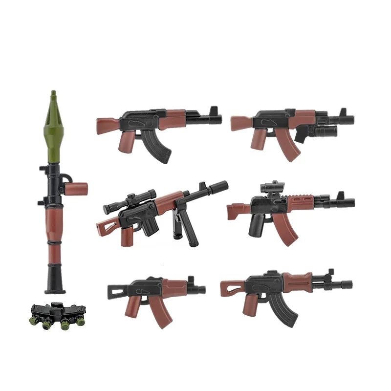 10PCS WW2 Soviet Army Weapons Building Blocks Soldier Figures Two-color Guns RPG AK47 AK74 Military Blocks Accessories Toys C334