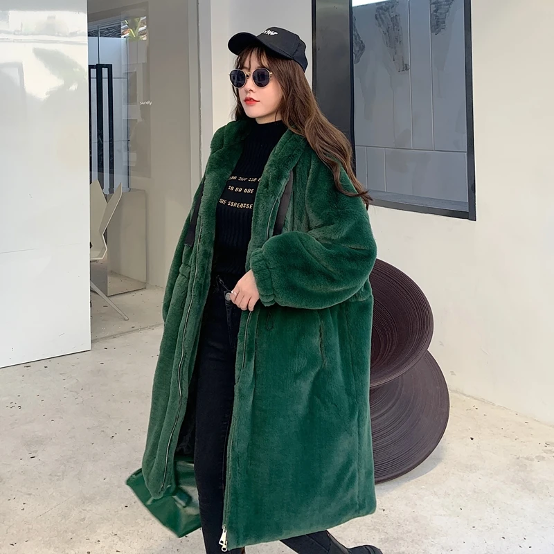 Autumn New Fashion Long Drawstring Hooded Thicken Faux Rabbit Fur Coat Women Winter Korean Loose Casual Warm Outerwear Female