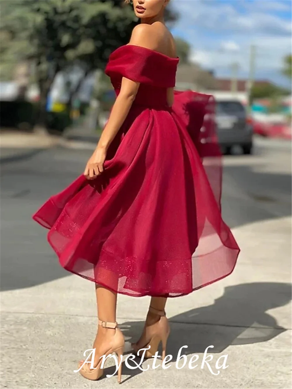 A-Line Empire Minimalist Party Wear Prom Dress Off Shoulder Sleeveless Tea Length Tulle with Pleats 2021