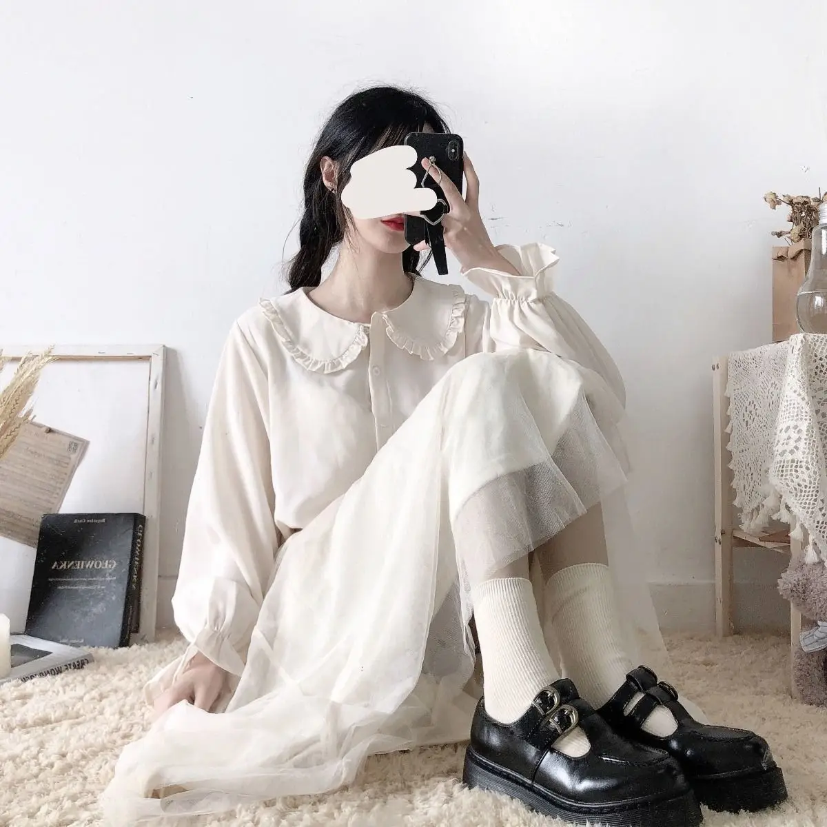 Peter Pan Kragen Süßes Hemd Frauen Lolita Japanische Kawaii Bluse Puff Langarm Elegante Weiße Weibliche Top Grundlegende Schule Shirts – Detail 4