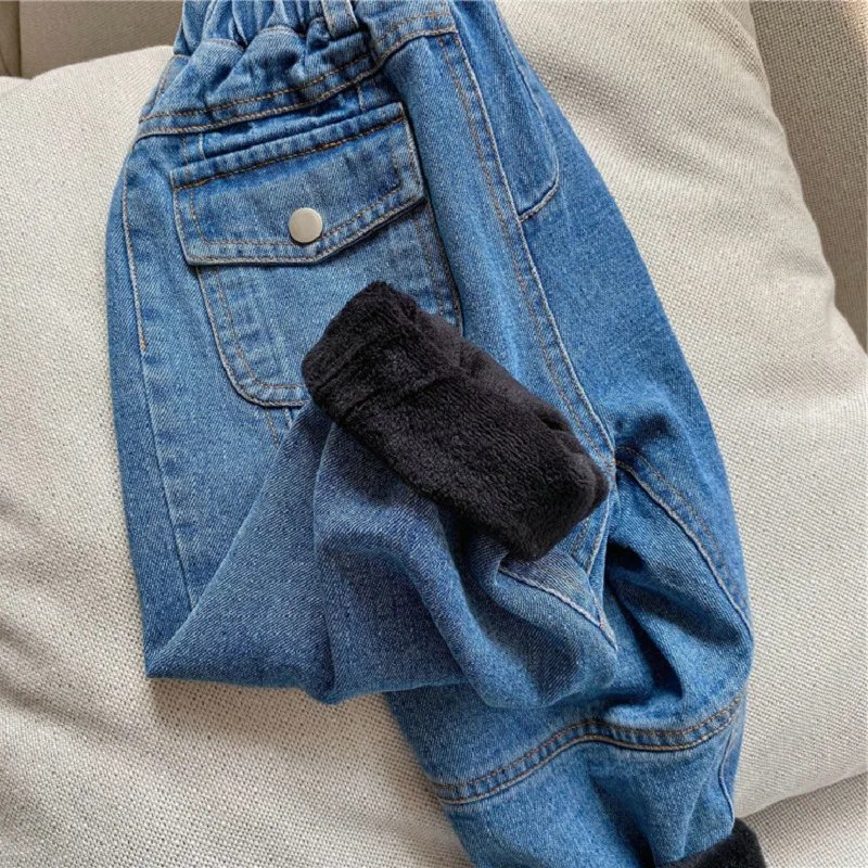 Boys Jeans Children\'S Velvet Thick Winter Clothing Personalized Front Pocket Warm Baby Casual Pants Kids Clothes Jeans For Girls