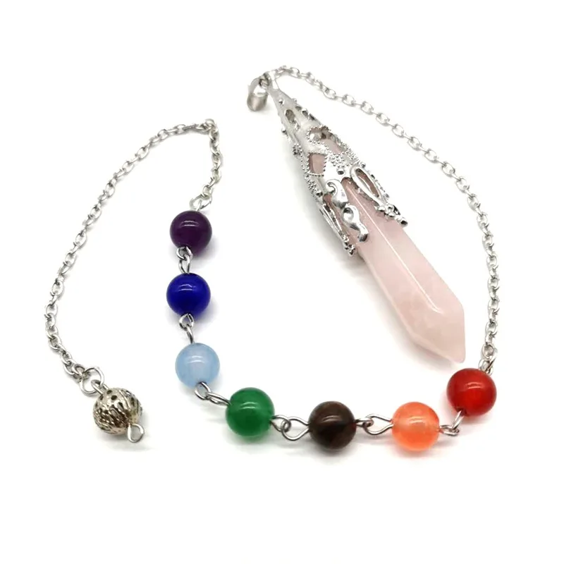 Natural Stone Pendulum for Dowsing Divination 7 Chakra Chain Hexagonal Prism Silver-color Crystal Pendant Healing Reiki Pendule