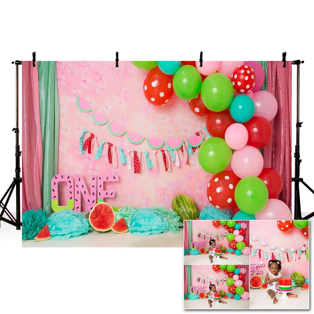 Mehofond 1st Birthday Party Backdrop Girl Pink Floral Red Green Balloon Photography Background Banner Photo Studio Decor Props