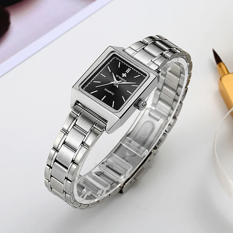 WWOOR New Watch Women Quartz Full Steel Ladies Bracelet Wristwatches Fashion Elegant Female Silver Square Clock Relogio Feminino