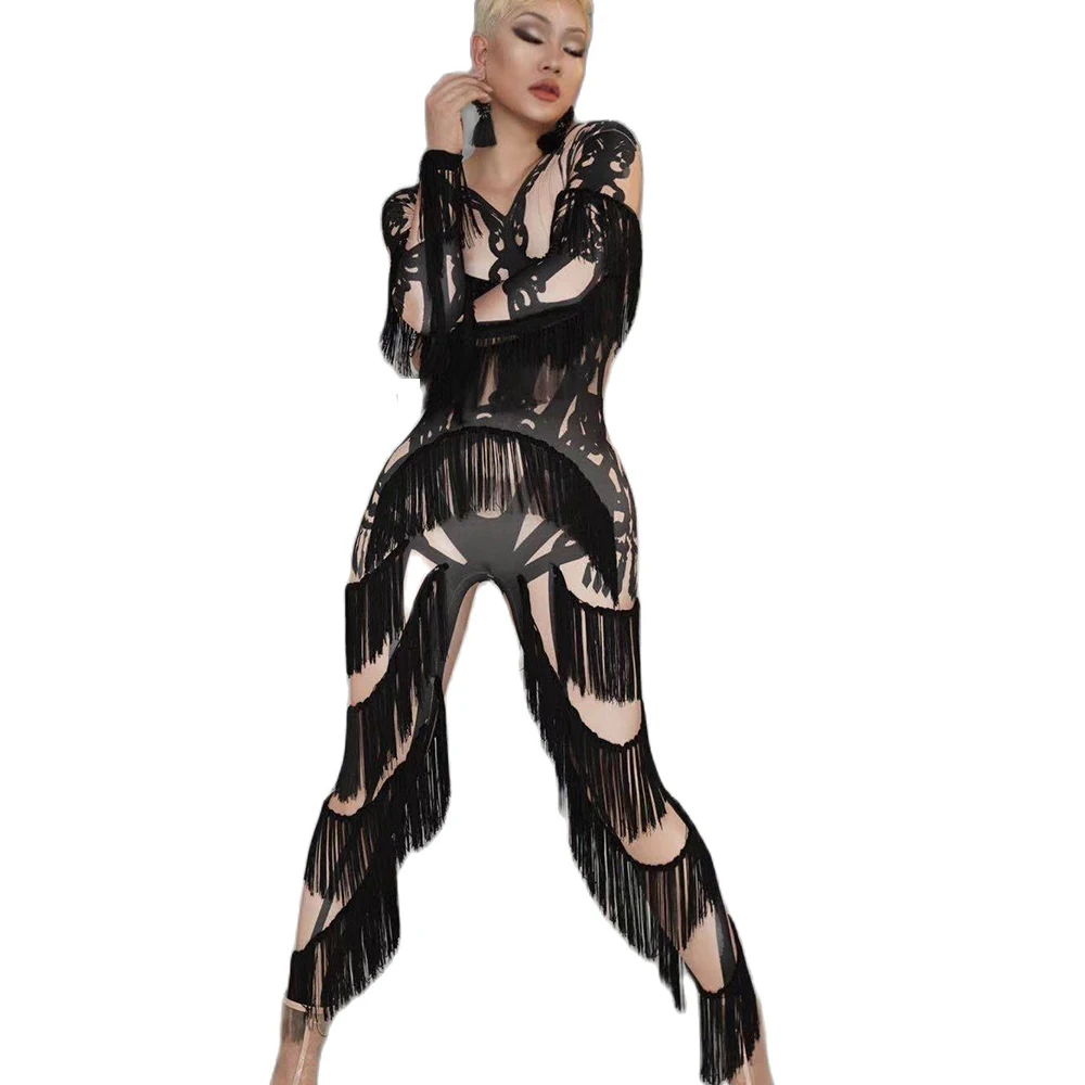 

Black Printing Women V-Neck Tassel Jumpsuits Long Sleeve Performance Nightclub Dance Show Wear Theatrical Drag Queen Costume