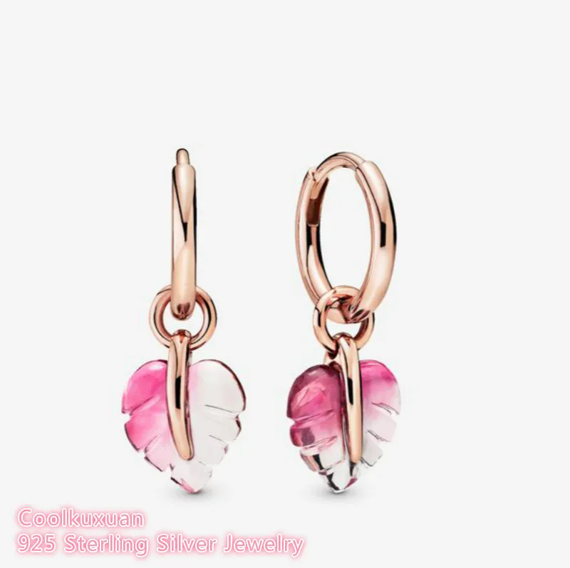 

100% 925 Sterling Silver Pink Murano Glass Leaf Earrings Original European Style Brand woman Jewelry