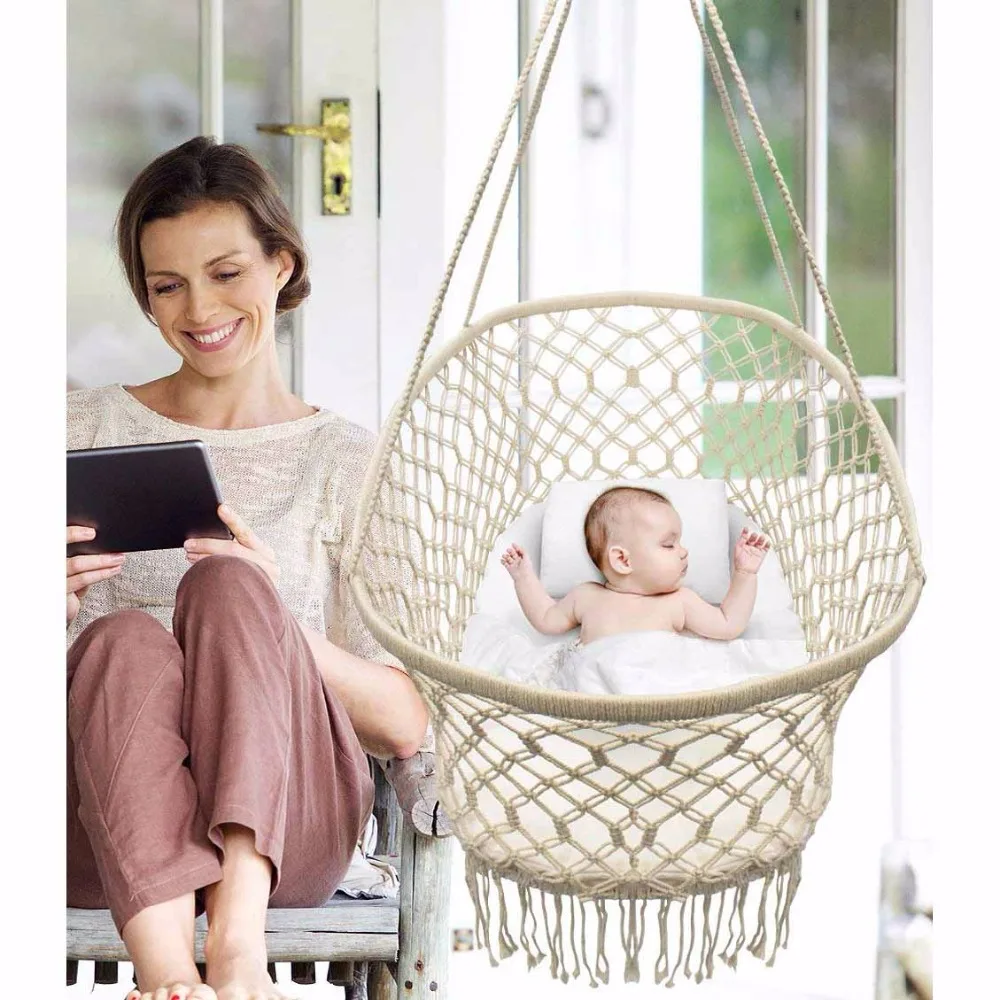 Baby Crib Cradle, Hanging Bassinet and Portable Swing for Baby Nursery Rope Fringe Measures 35\