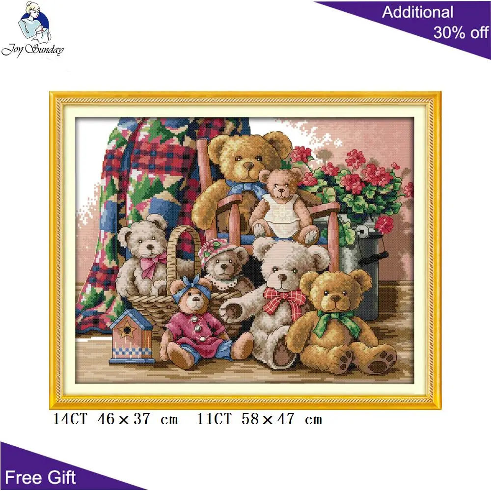 Joy Sunday-Bear Family Home Decor, Counted and Stamped, Happy Family, Cross Stitch, Needlepoint, DIY Kit, C597, 14CT, 11CT