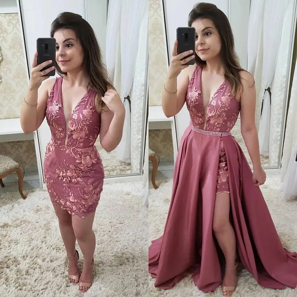 2020 Sexy Zwei Stücke Mutter Prom Kleider Mit Überrock Mantel V-ausschnitt Appliques 3D Flora Mini Kleid Cocktail Abendkleider