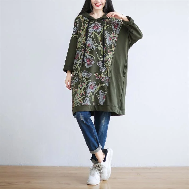 Masss Wasss 2021 Autumn Green Hooded Printed Punk Sweatshirt Womens Loose Casual Long Hoodies Female Flowers Harajuku Clothes