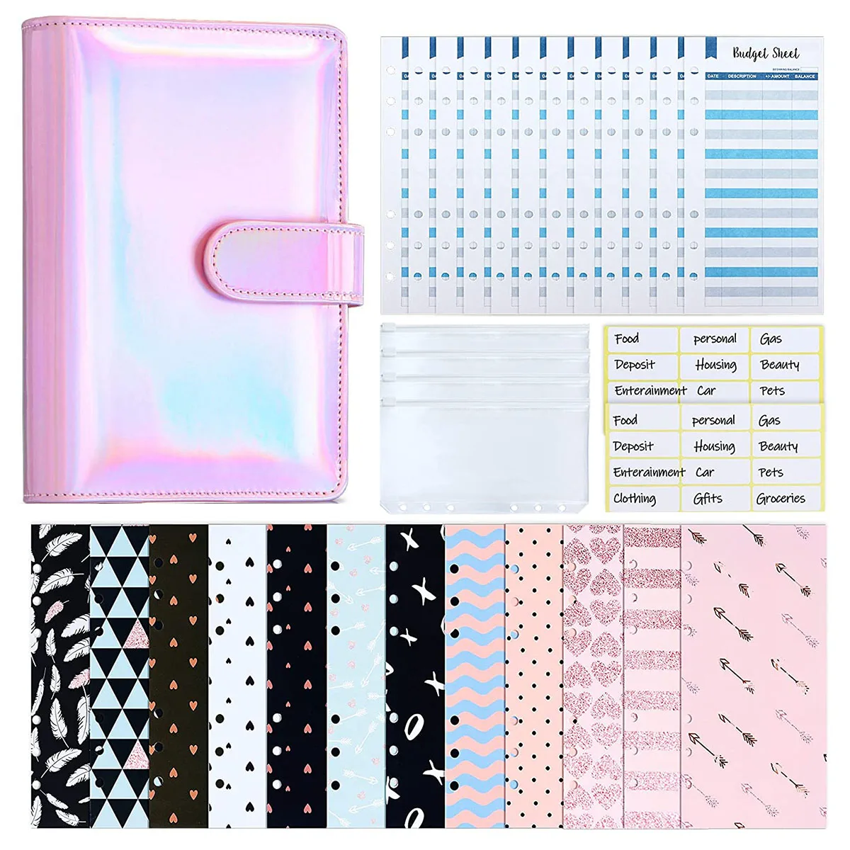 31 Pieces PU Leather Budget Binder Cash Envelope System with 12PCS Budget Money Envelopes and Expense Sheets, 4 Binder Pockets