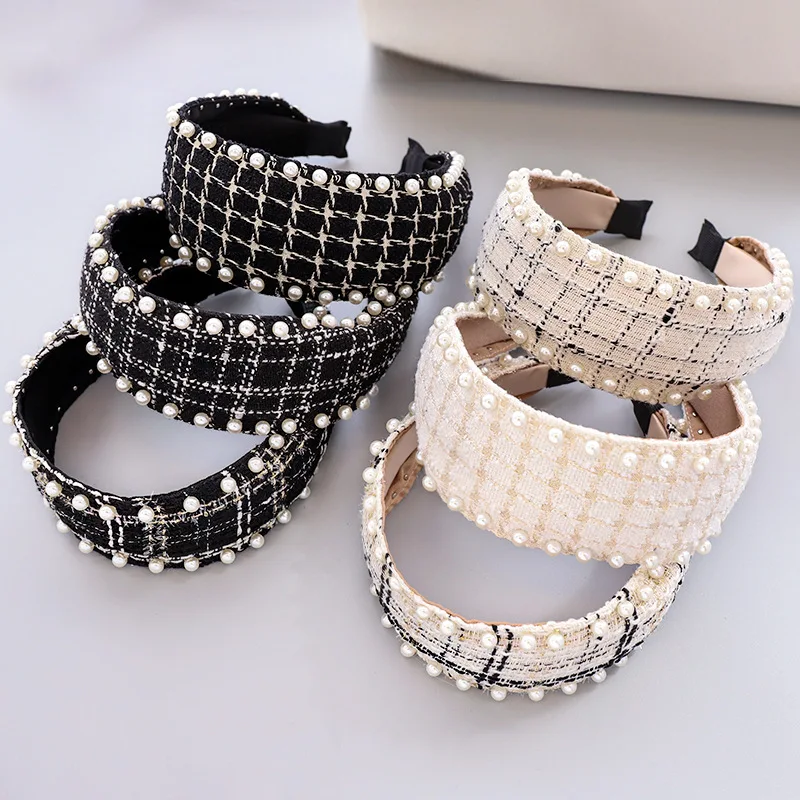 Woolen Plaid Pearl Knot Hairband Knotted Headband for Women Girls Hair Accessories