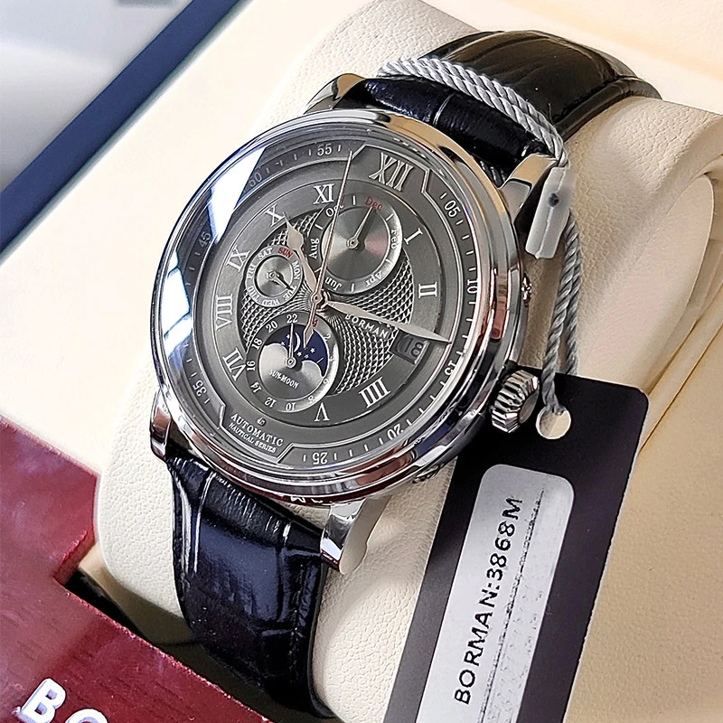 BORMAN Rose Golden Elegant Moon Phase Design Calendar Display Brown Leather Mens Watch Top Brand Luxury Automatic Watch Clock