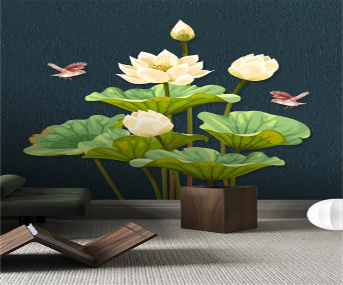 

Chinese style hand-painted lotus TV background wallpaper 3D lotus bird custom mural modern home decoration photo wallpaper