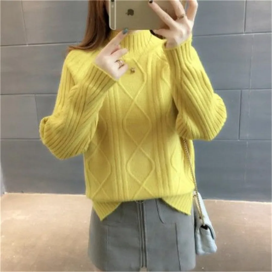 Sweater Rajutan Wanita Lengan Panjang Pullover Rajutan Turtleneck 2021 Atasan Jumper Wanita Solid Longgar Musim Gugur & Musim Dingin Korea