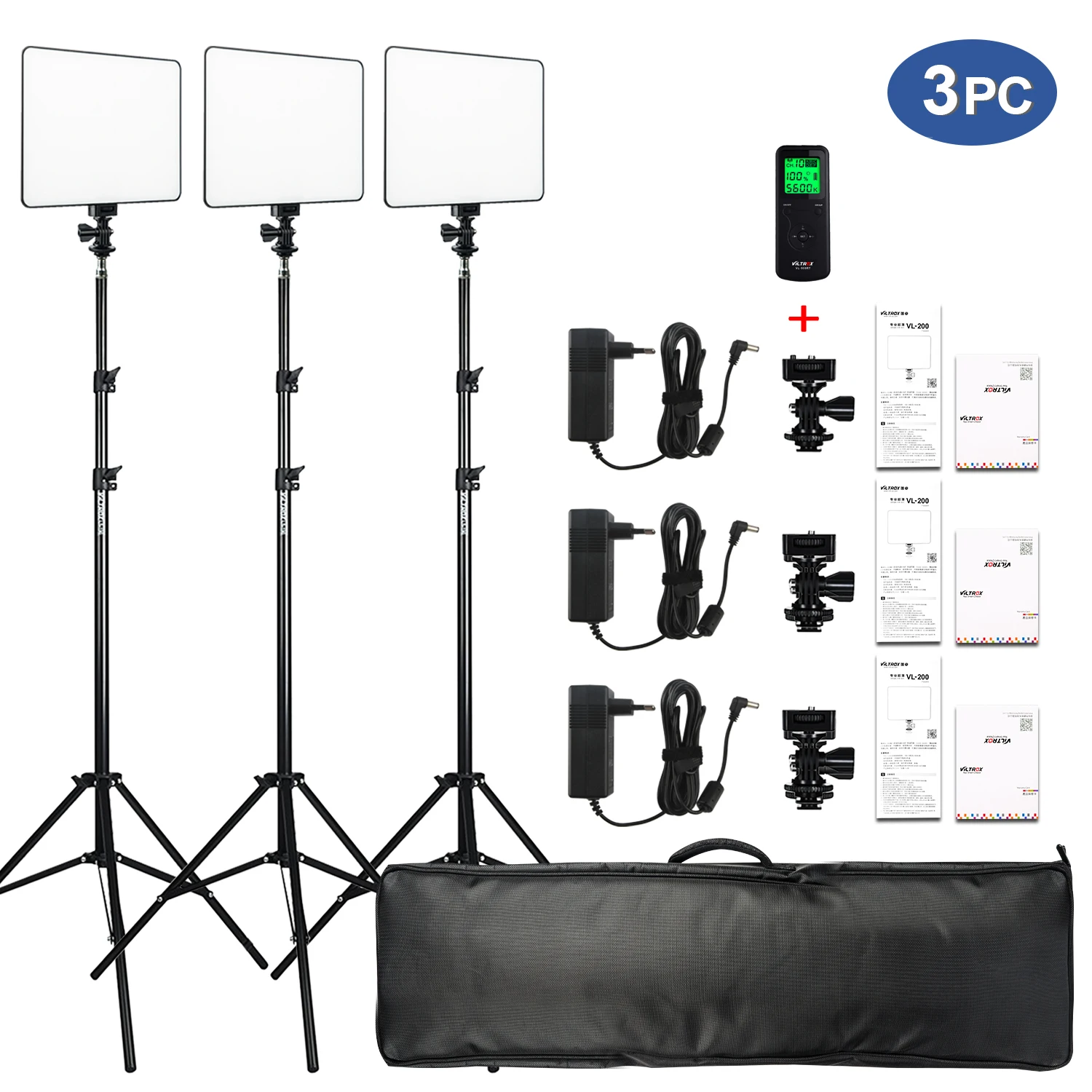 VILROX 3pcs VL-200T Bi-color Dimmable Wireless remote LED Video Light Panel Lighting Kit+75