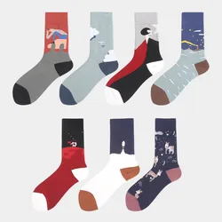 1 Pair Of Unisex Painting Style Crew Casual Socks Ladies Streetwear Skateboarding Sports Riding Fun Socks Cotton Size 36-44