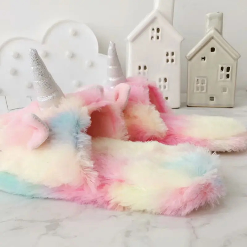 House Women Fur Slippers Cute Colorful Unicorn Cartoon Cozy Home Grils Gifts Slippers Indoor Warm Plush Ladies Fluffy Shoes