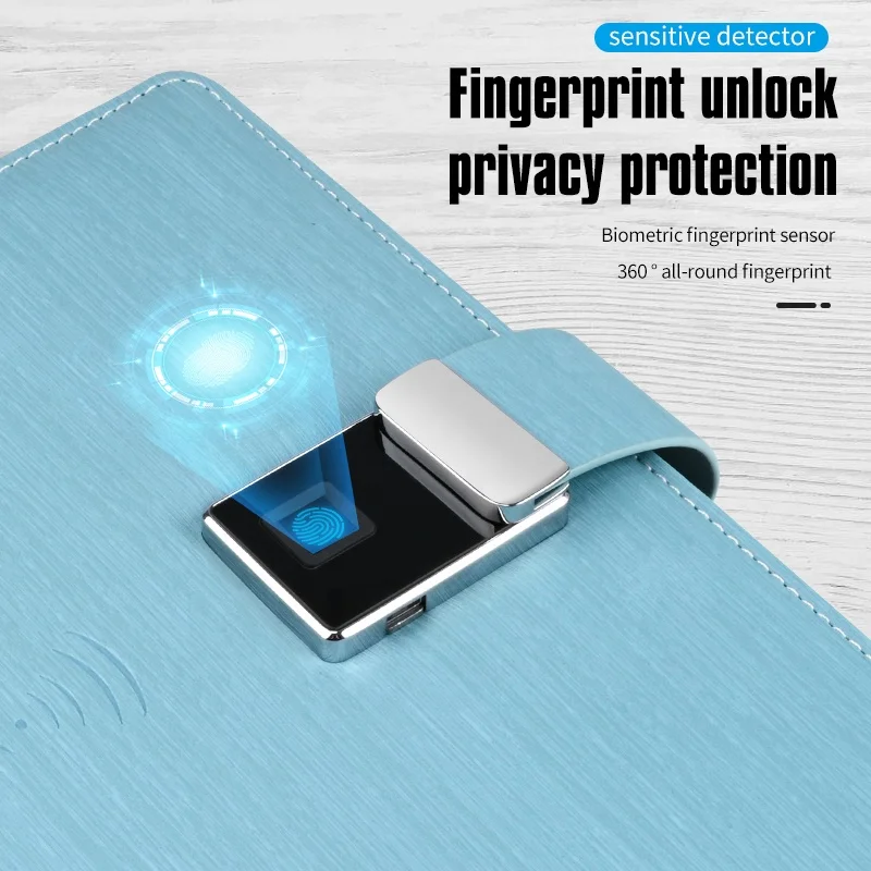 Кожаный блокнот с блокировкой по отпечатку пальца, многофункциональное умное Беспроводное зарядное устройство для офиса и школы, дневник с U-диском, даолиновая бумага с блоком питания
