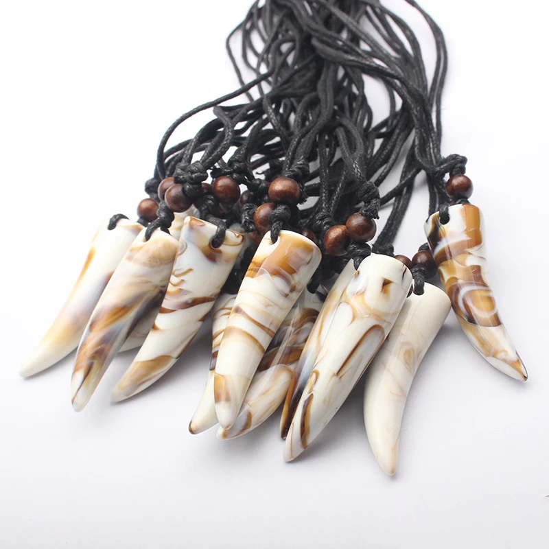 

12pcs Fashion Resin Imitation Yak Bone Wolf Tooth Pendant Necklace Amulet Tooth Jewelry Adjustable Rope Gifts For Man Women