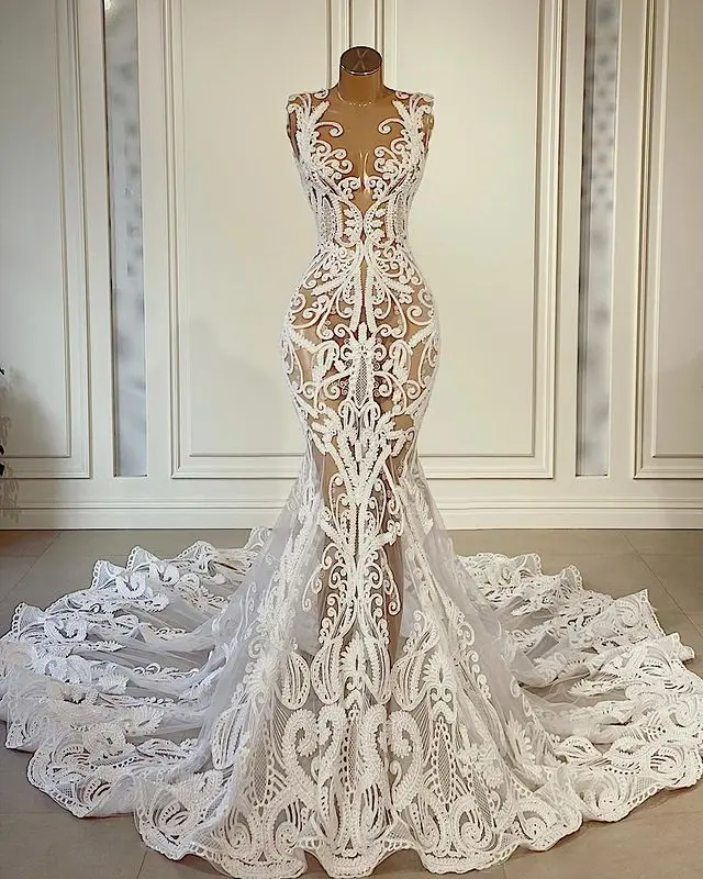 2023 Romantic Lace Mermaid Wedding Dresses With Cathedral Train Robe De Mariee Sexy Illusion Back Wedding Gowns Vestido De Noiva