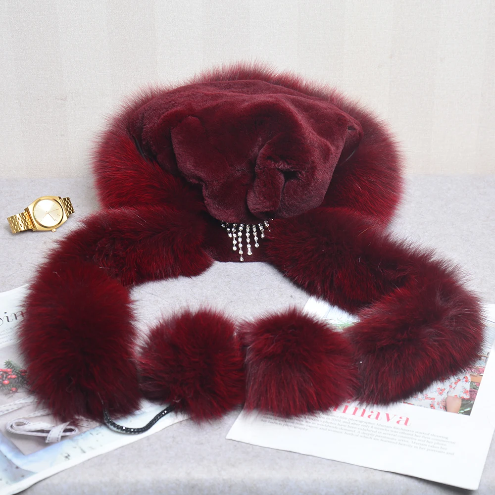 Women’s Winter Hat With Fox Fur Surround Can Be Used As a Scarf Women Russian Aviator Trapper fox Fur Rex Rabbit Fur Bomber Hat