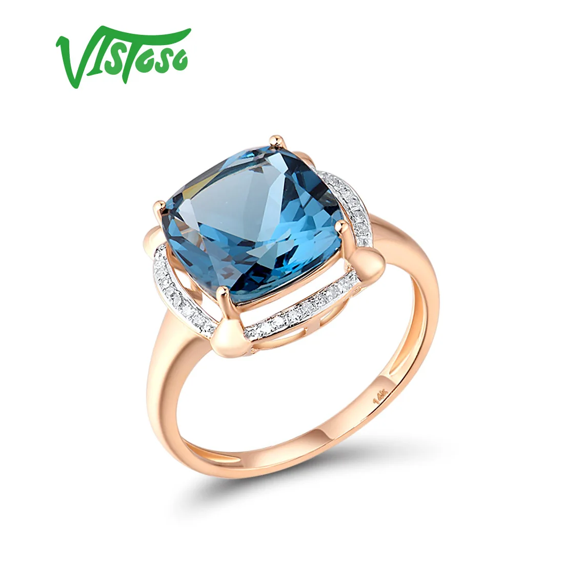 

VISTOSO Gold Rings For Women Genuine 14K 585 Rose Gold Ring Sparkling Diamond London Blue Topaz Wedding Anniversary Fine Jewelry