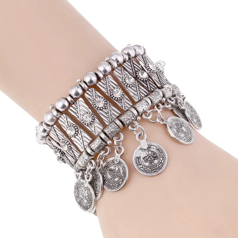 

Vintage Statement Coin Tassel Bracelets Bangles for Women Fashion Metal Handmade Crystal Rhinestone Adjustable Ethnic Bracelet