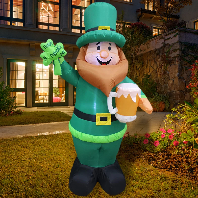 

8 Ft Lighted Inflatable St Patrick's Day Inflatable Leprechaun Holding Shamrock Beer Cute Lucky Indoor Outdoor Yard Art Decor