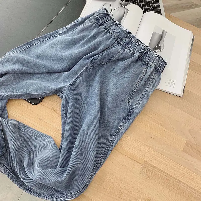 Jeans estivi ultrasottili da donna elastico in vita allentato stile coreano dimagrante pantaloni Capri dritti Harlan papà