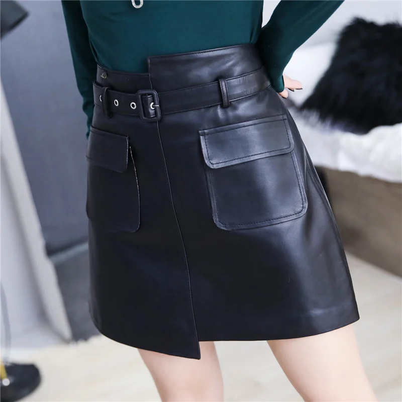 

Spring Women A-Line Skirts Real Leather Sheepskin High Waist Mini Skirts Punk Office Lady Sashes Irregular Skirts Female M-3XL