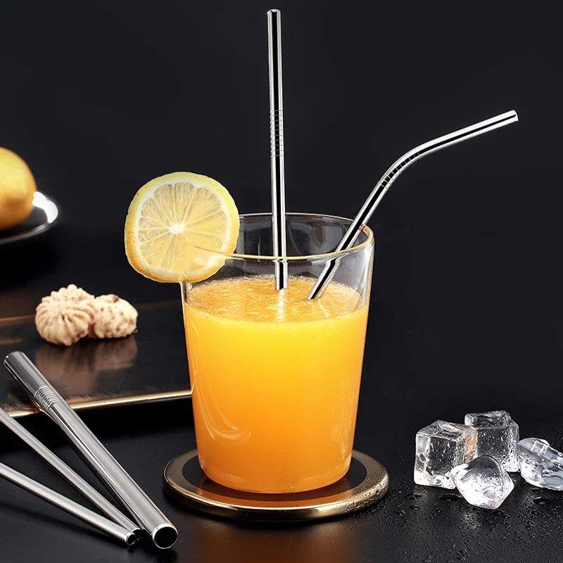 Herbruikbare roestvrijstalen rietjes Eco-vriendelijke metalen rietje Set Lange zilveren gebogen rechte rietjes Bar Cocktail Accessoires