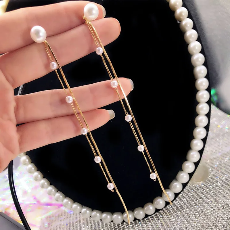 New Style Small Pearl Temperament Tassels Personalized Fashion Long Sweet Girl Earrings Women\'s Earrings Wedding Jewelry Brincos