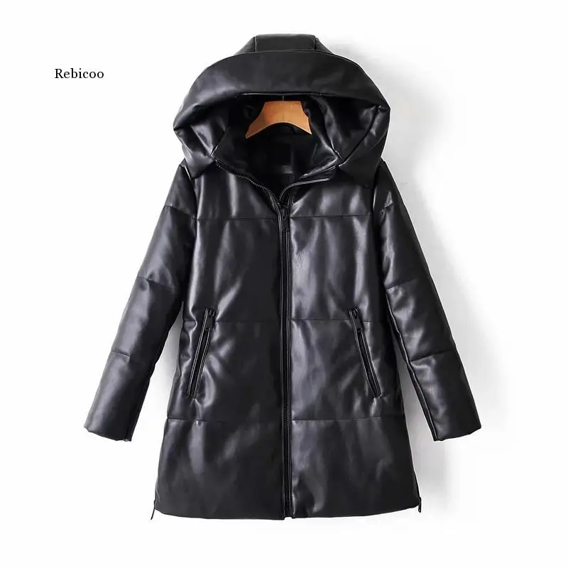 Solid Pu Leather Cotton Jacket Hooded Women\'s Fashion Leather Long Coats Ladies Waterproof Thick Jackets Female Winter