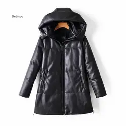 Solid Pu Leather Cotton Jacket Hooded Women's Fashion Leather Long Coats Ladies Waterproof Thick Jackets Female Winter