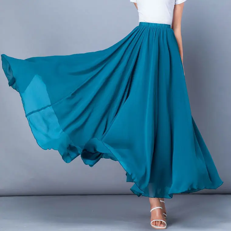 

2021 Spring Skirt 3 Layer Chiffon Long Skirts For Women Elegant Casual High Waist Boho Beach Maxi Skirts Saias Femme 80/90/100cm