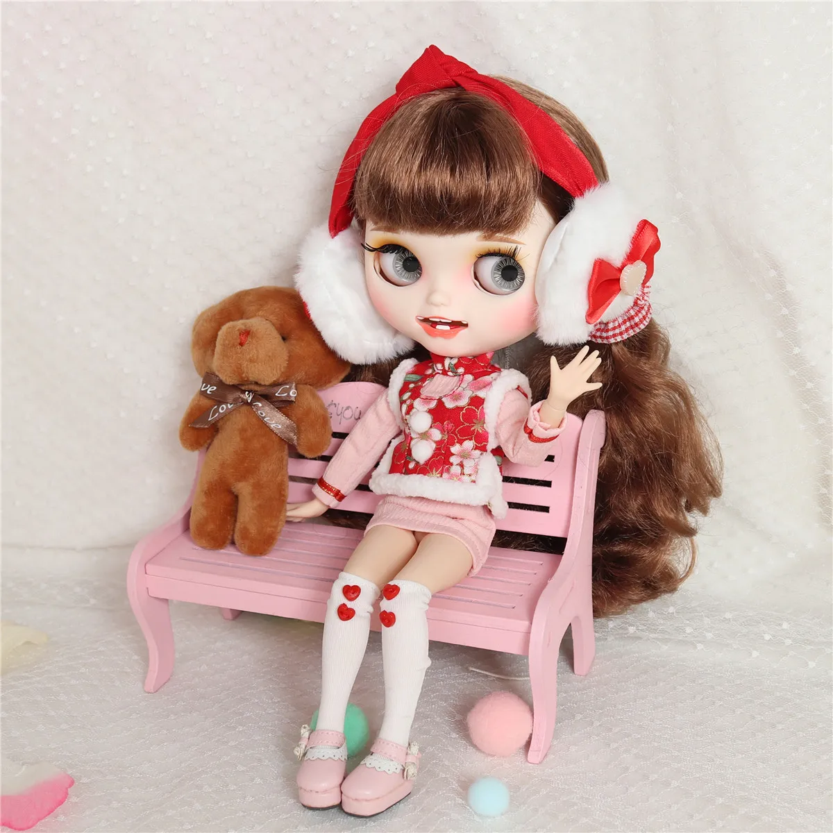 ICY DBS Blyth doll New year suit Christmas clothes pink dress Earmuffs stocking anime for girls gift